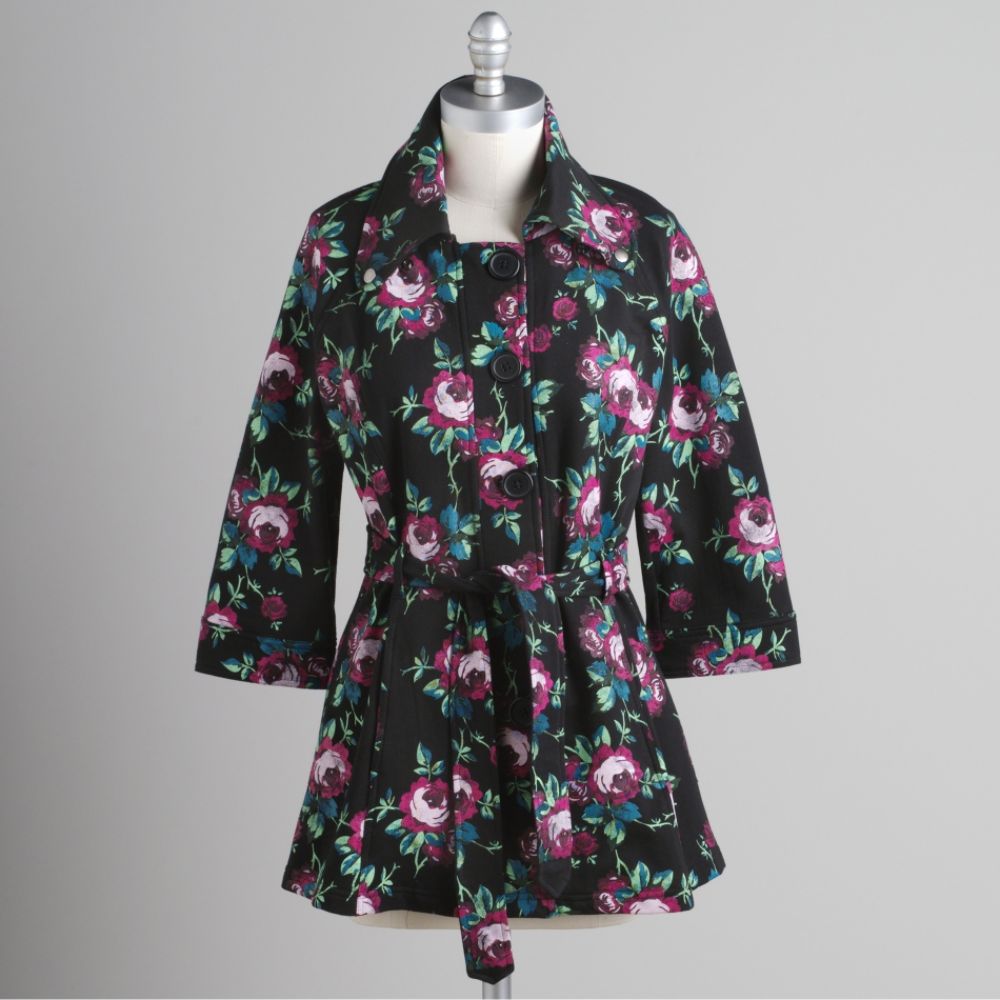 Self Esteem Knit Trench Coat with All-Over Rose Print