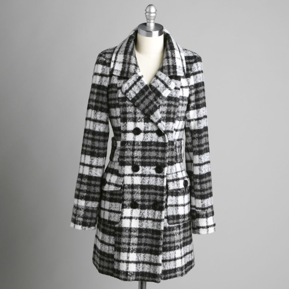 New Look Juniors Double Breasted Plaid Wool Coat