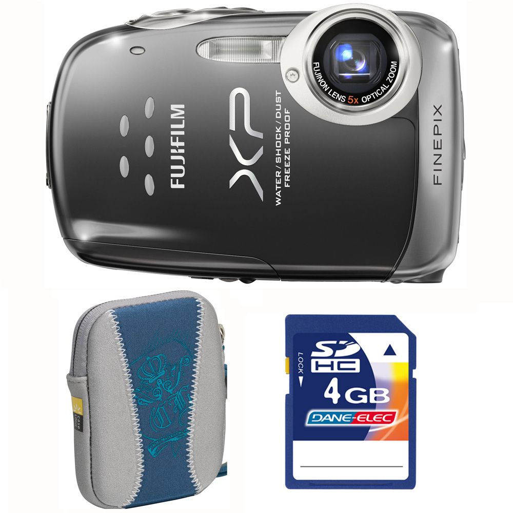 Fuji FinePix XP10 Black 12MP All Purpose Digital Camera, Blue Carry Case, 4 GB SD Card