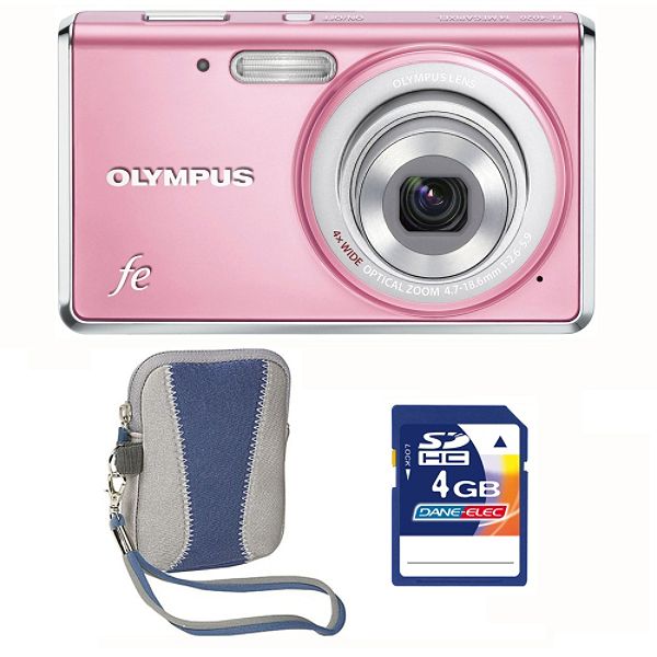 Olympus FE-4020 Pink 14MP Digital Camera, 4GB SD card & Blue Carry