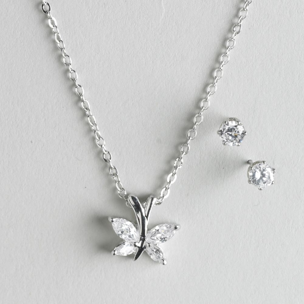 Women's Cubic Zirconium Post Style Earrings and Butterfly Pendant Necklace