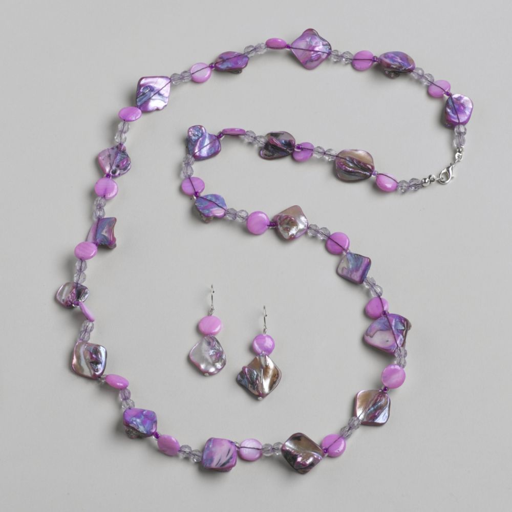 Great Price Multiples Purple Long Bead and Shell Necklace with Earrings