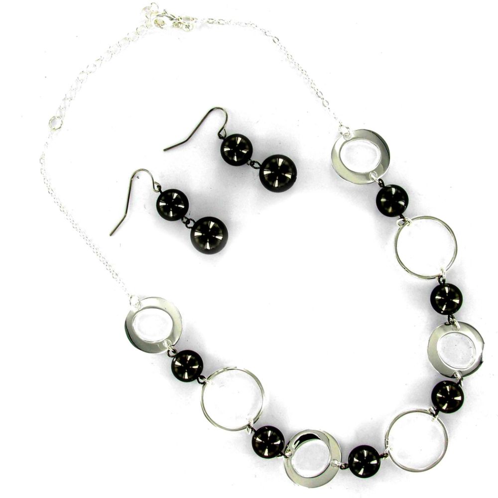 Black/Silvertone Short Silver Disk Necklace and Earring Set