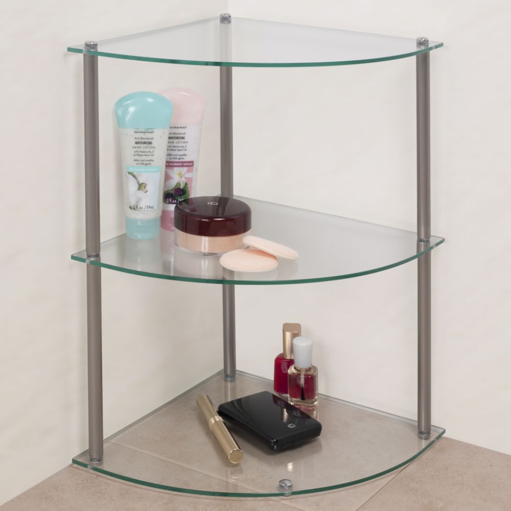 Essential Home Glass 3 Shelf Vanity Organizer, Nickel Finish