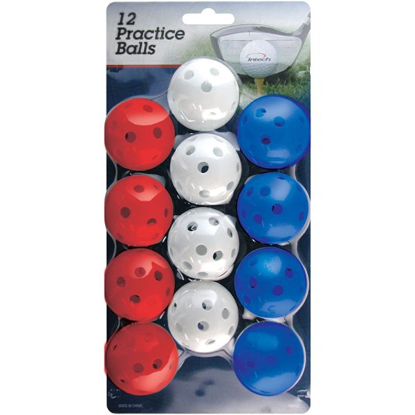 12 Plastic Practice Golf Balls W/holes, Red/white/blue I99020