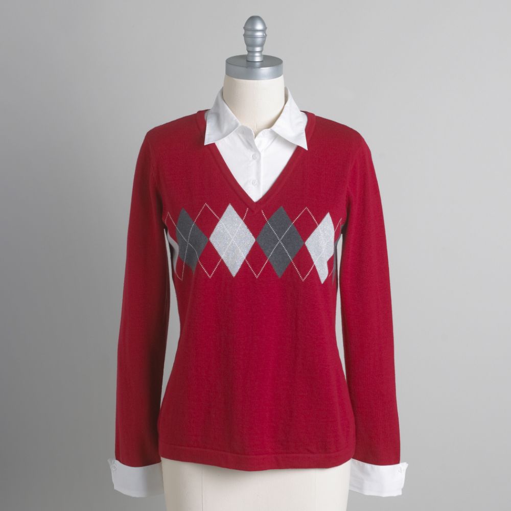 Ecco Bay Women's Long Sleeve Layered Look Argyle Sweater