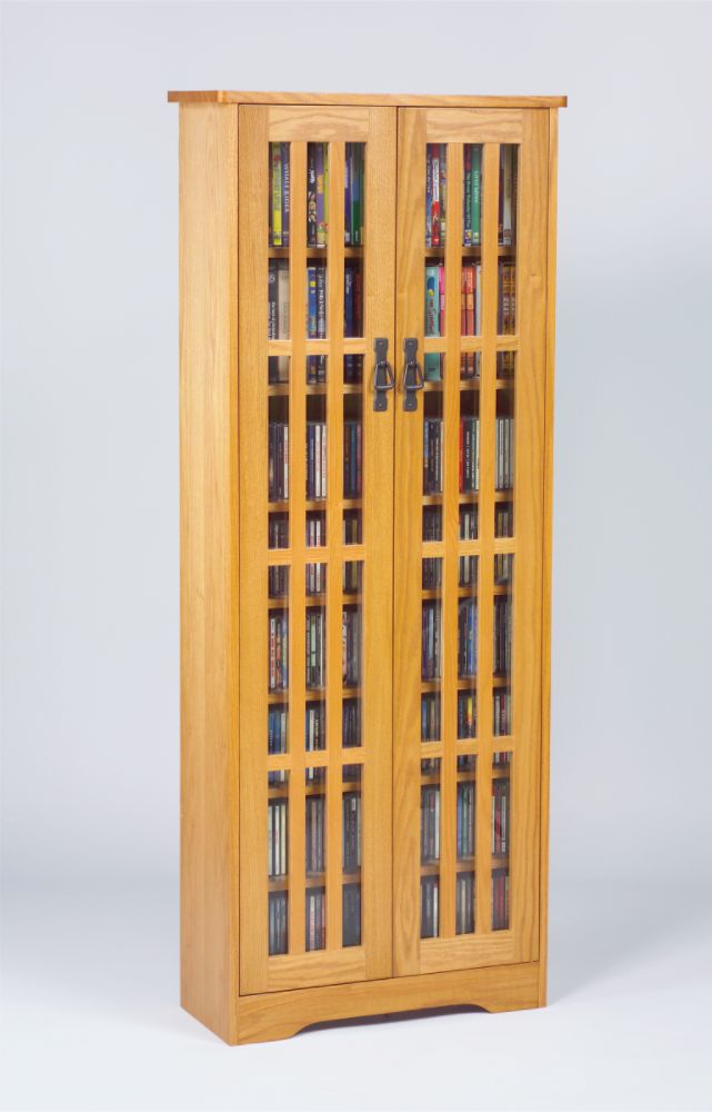 Leslie Dame Mission Style 61-3/4"H x 24-1/2"W x 9-1/2"D Inlaid Glass Door Media Cabinet - Natural Oak Finish at Sears.com