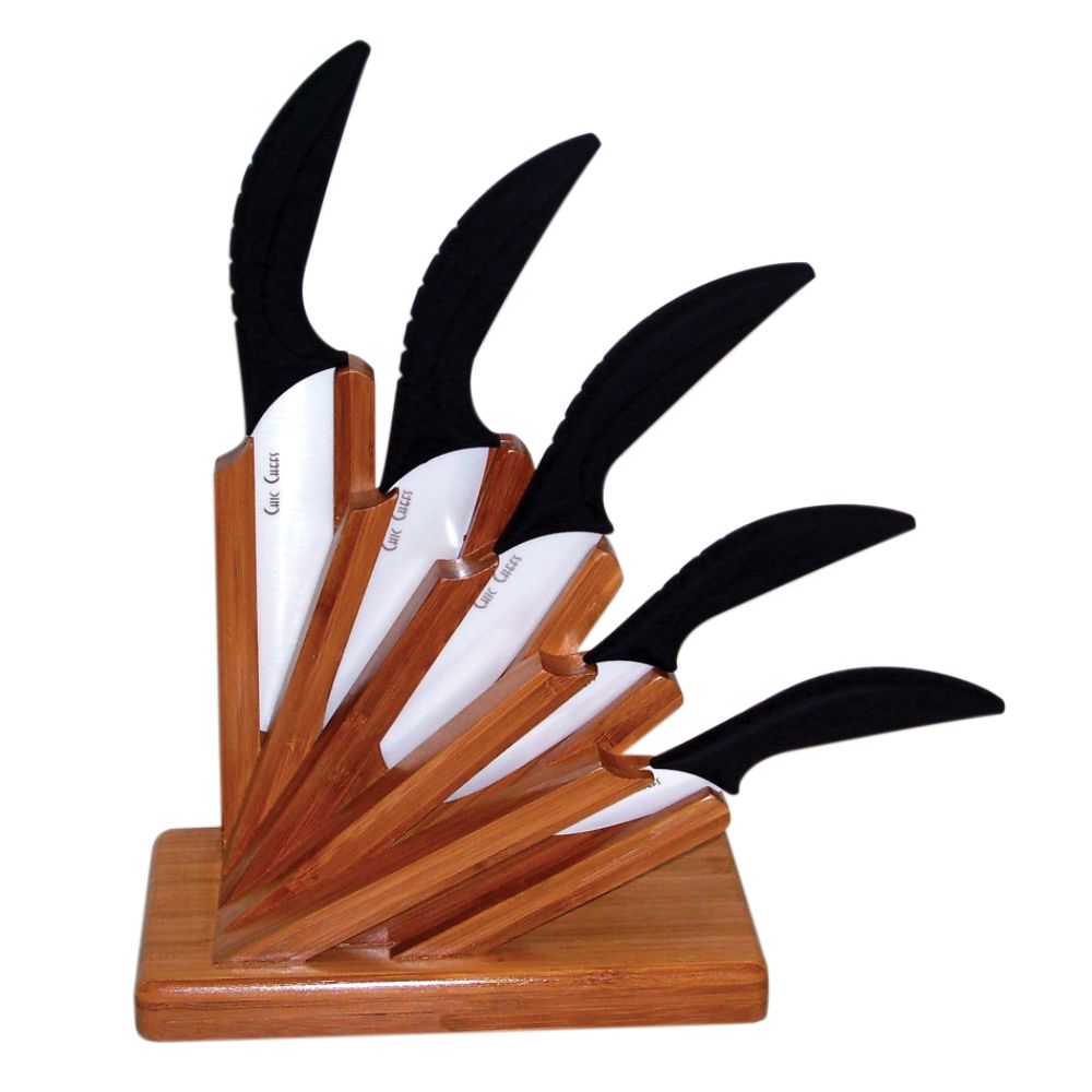 5-piece Ceramic knife set with angled natural Rubberwood knife block