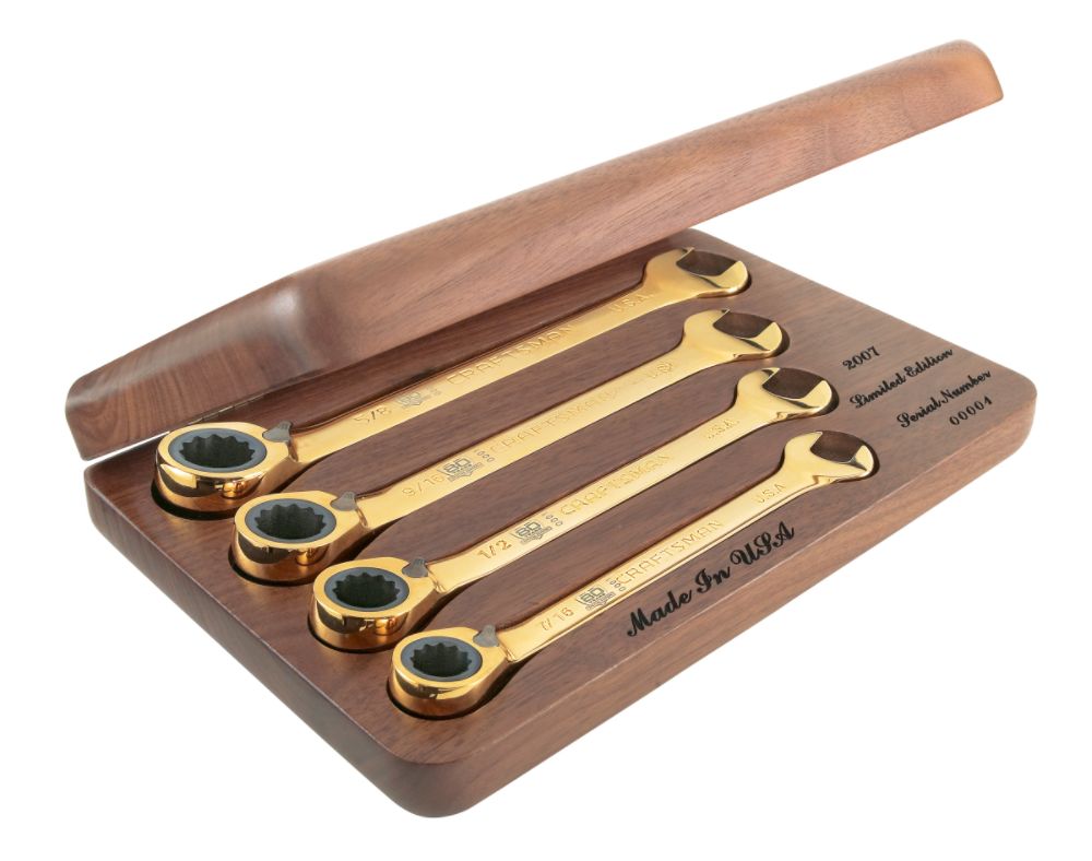 4 pc. Personalized 22K Plated 80th Ann. Reversible Ratcheting Comb. Wrenches                                                     at mygofer.com