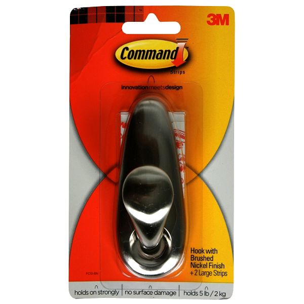 3m Command Strips Hook With Brushed Nickel Finish Plus 2 Large Strips, FC13-BN