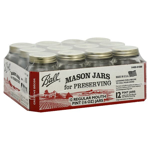 Ball Mason Jars, Regular Mouth, 12 - 16 oz (1 pt) jars