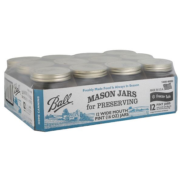 Ball Mason Jars, for Preserving, 12 - 16 oz (1 pt) wide mouth jars
