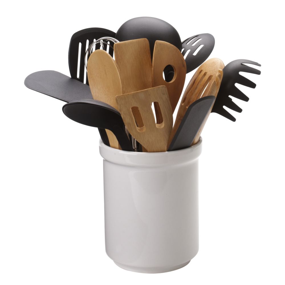 Basic Essentials Fifteen Piece Kitchen Tool Set with Ceramic Tub