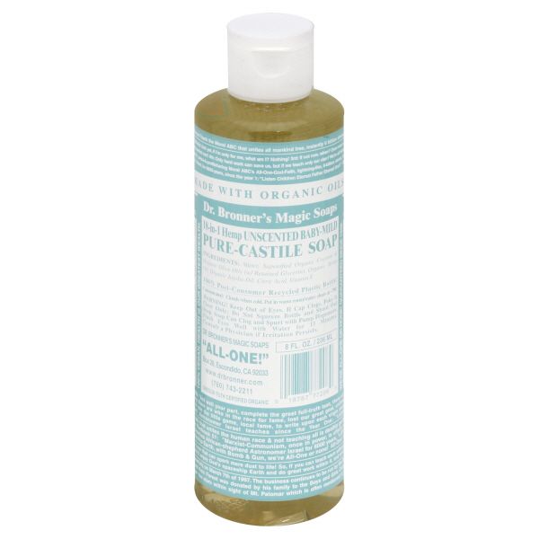 Dr. Bronner's Soaps Dr. Bronner's Magic Soaps Pure-Castile Soap, 18-in-1 Hemp, Unscented, Baby-Mild, 8 fl oz (236 ml)