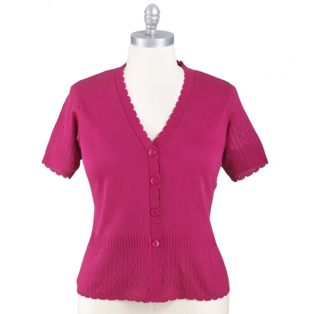 Notations Women's Plus Short Sleeve V-Neck Button Crochet Cardigan
