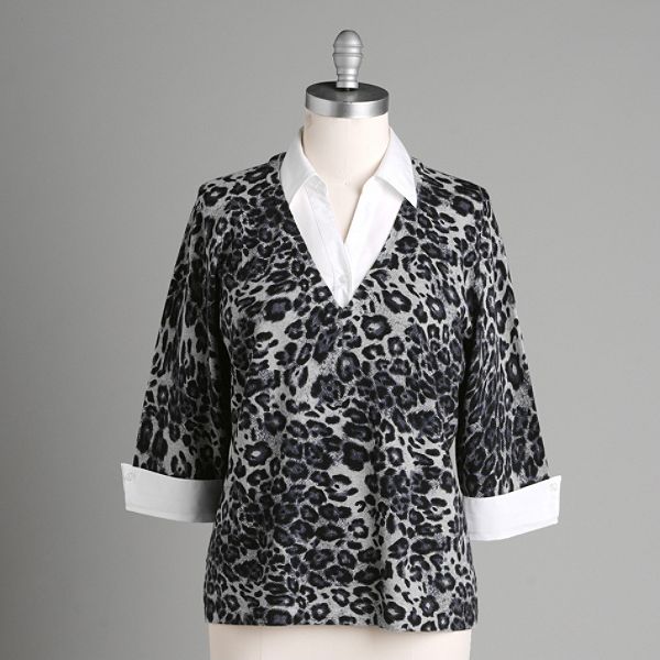 Laura Scott Women's 3/4 Sleeve Animal V-neck 2fer Sweater - Plus