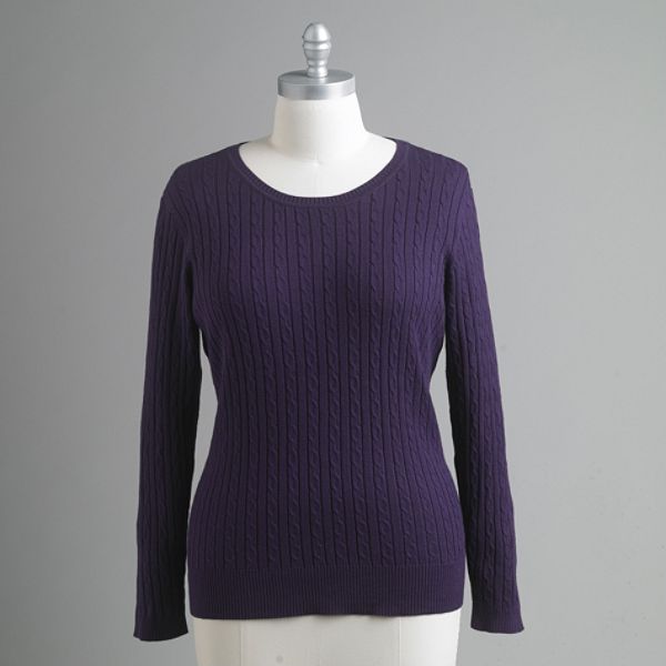 Laura Scott Women's Plus Cable Crew Sweater Purple