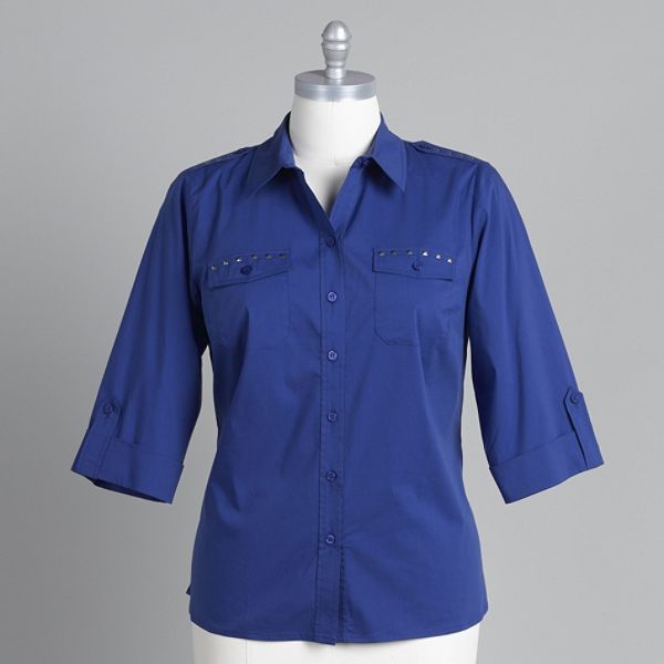 Kathy Che Women's Studded Roll-tab Sleeve Shirt - Plus