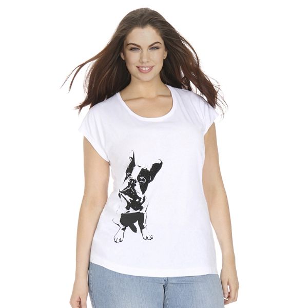Uk Style By French Connection Women's Plus White Dog Graphic Tee