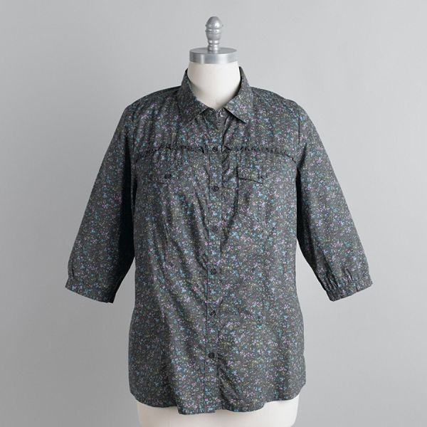 American Star Women's Plus Floral Print Blouse With Ruffled Bodice