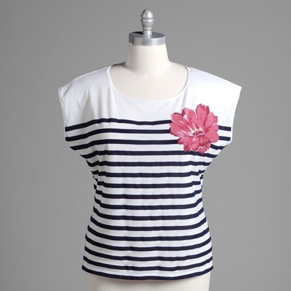 American Star Women's Plus Striped Top With Flower Detail