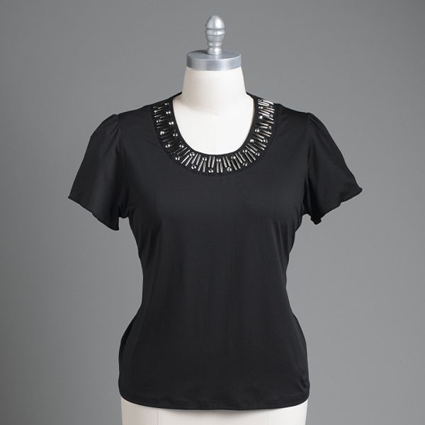 Sag Harbor Women's Plus Beaded Scoopneck Top With Flutter Sleeves