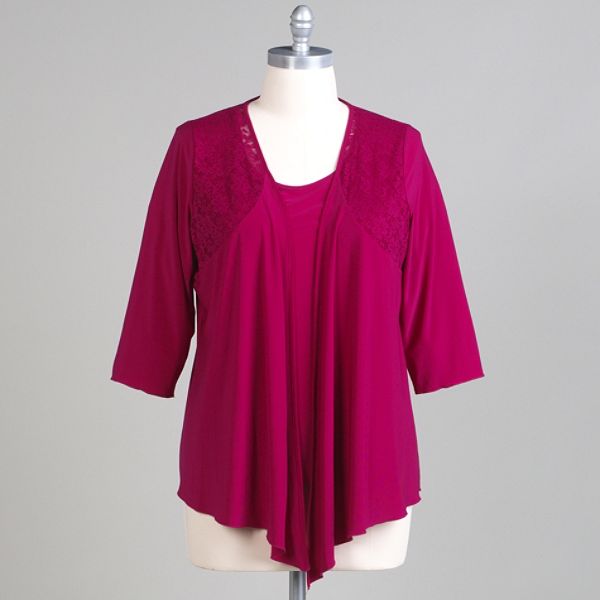 Covington Women's 3/4 Sleeve Lace Trim Twofer Top - Plus