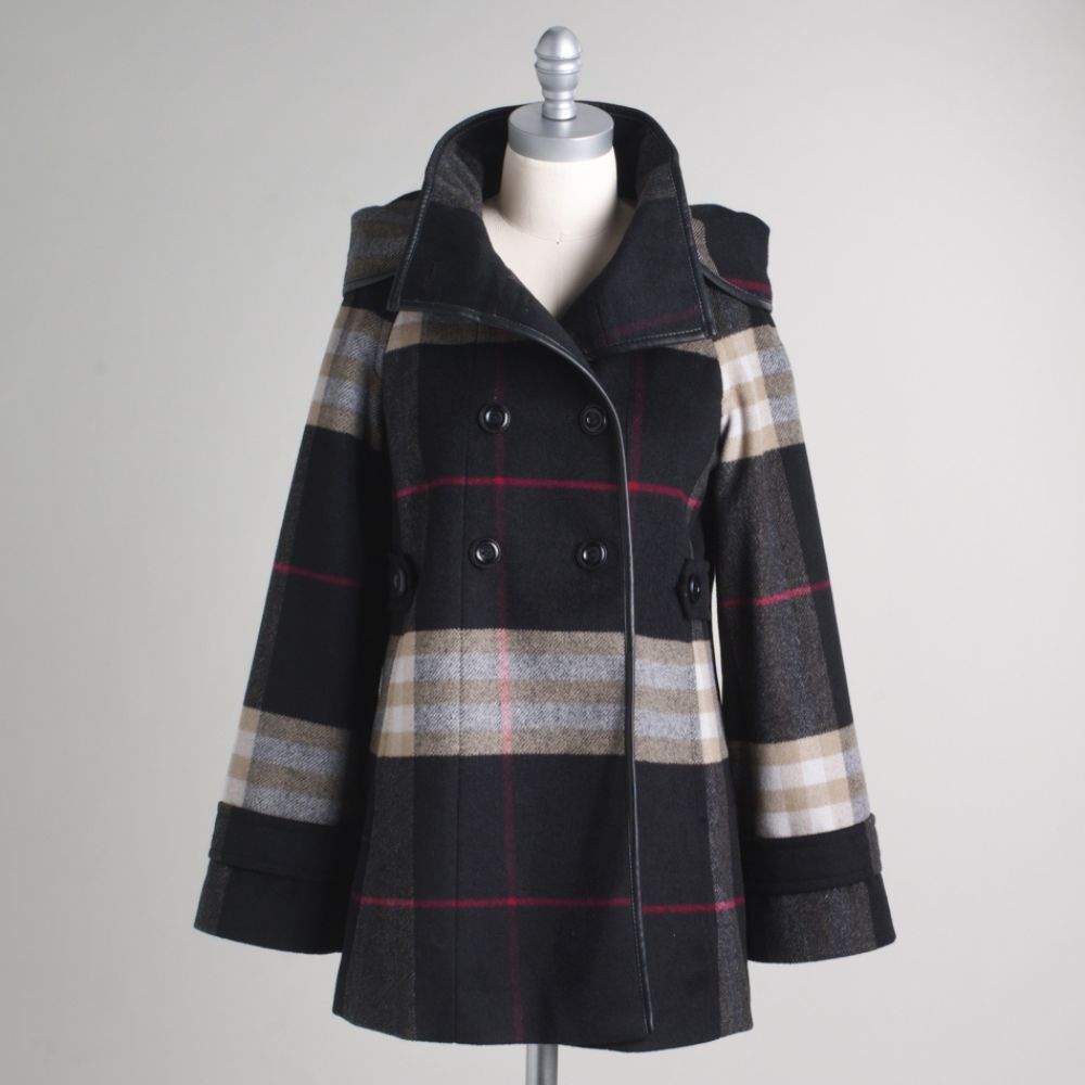Covington Women's Petite Plaid Wool Blend Hooded Coat