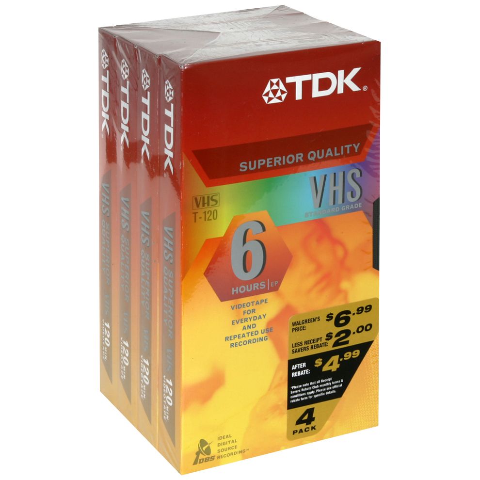 TDK VHS Videotape, T-120, 6 Hours, Standard Grade, 4 tapes at Sears.com