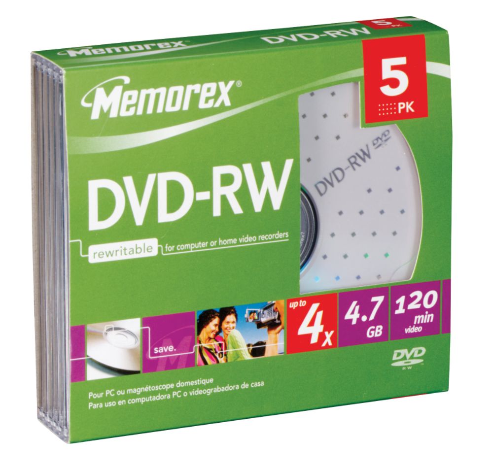Memorex DVD-RW with Slim Jewel Cases, 2X, 5/PK
