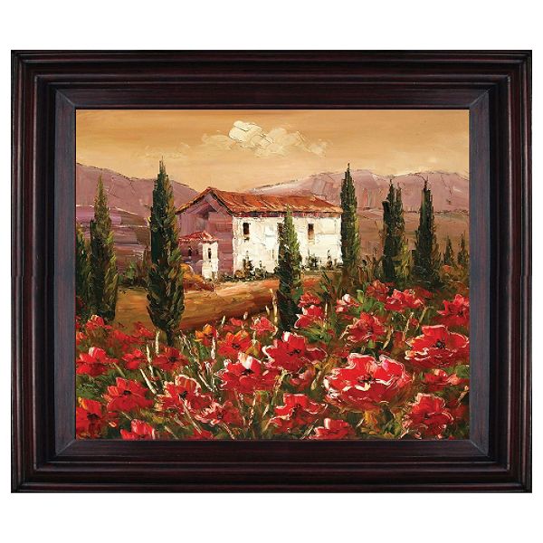 StudioArts brings you this hand painted oil artwork of a beautiful Country landscape featuring an Italian villa set behind brilliant red poppies. The artist uses a knife edge technique to create dimension and the vibrant oil paints showcase the true value