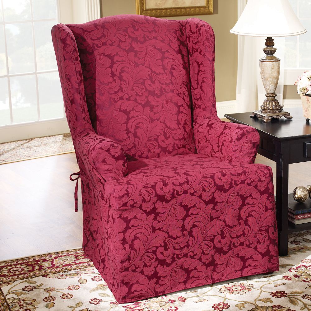 Sure Fit Scroll Burgundy Wing Chair Slipcover