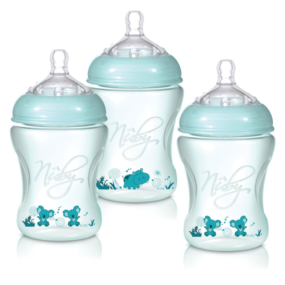Luv N Care 3-Pack 8 oz. Printed & Tinted Light Aqua Bottle with Medium Flow Nipple