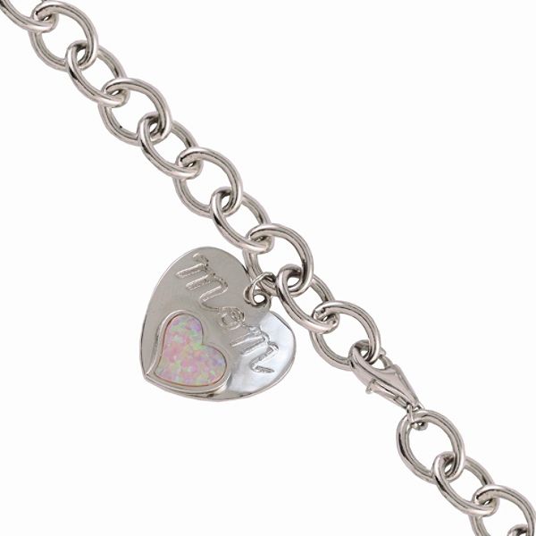 Created Opal Mom Heart Charm 7-Inch Link Bracelet in Sterling Silver