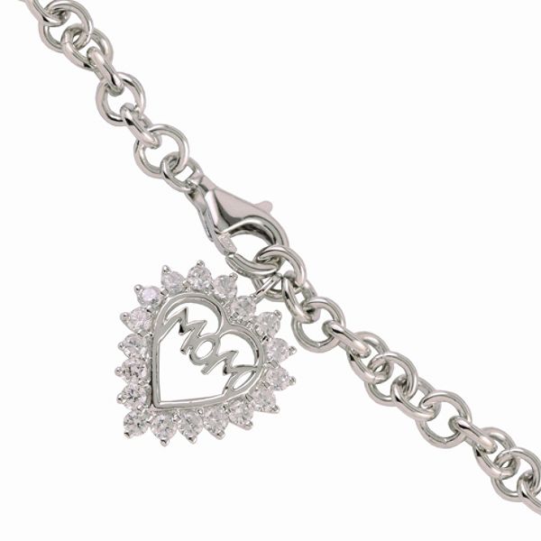 Cubic Zirconia Mom Heart Charm 7-Inch Link Bracelet in Sterling Silver