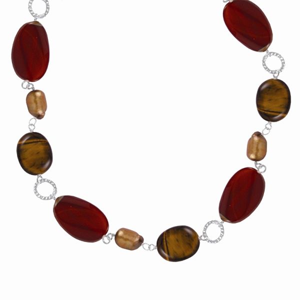Cultured Freshwater Pearl Necklace Sterling Silver Carnelian Tiger