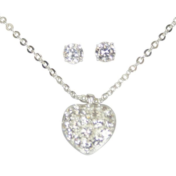 Jewelry White Cubic Zirconia Heart Pendant And Stud Earrings In Silvertone 217312R2K