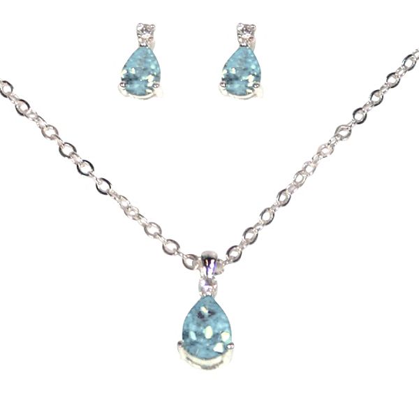 Aquamarine Cubic Zirconia Birthstone Pendant And Earring Set In