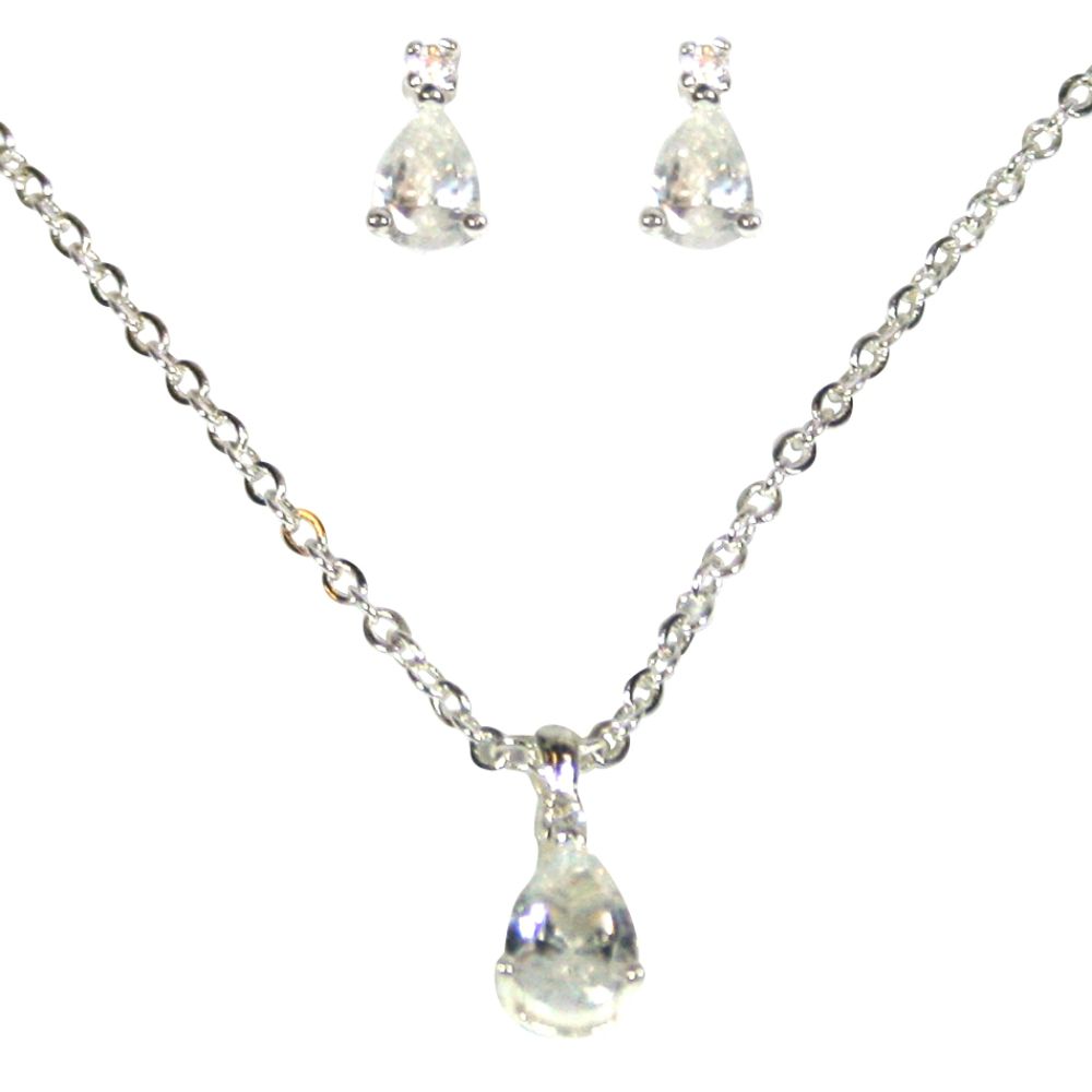 White Cubic Zirconia Birthstone Pendant and Earring Set in Silvertone