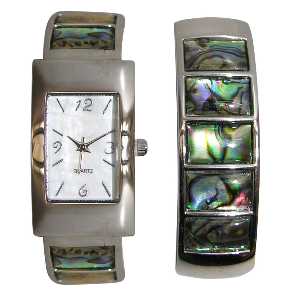 Jaclyn Smith Silvertone and Abalone Tank Watch and Bangle Set at Sears.com