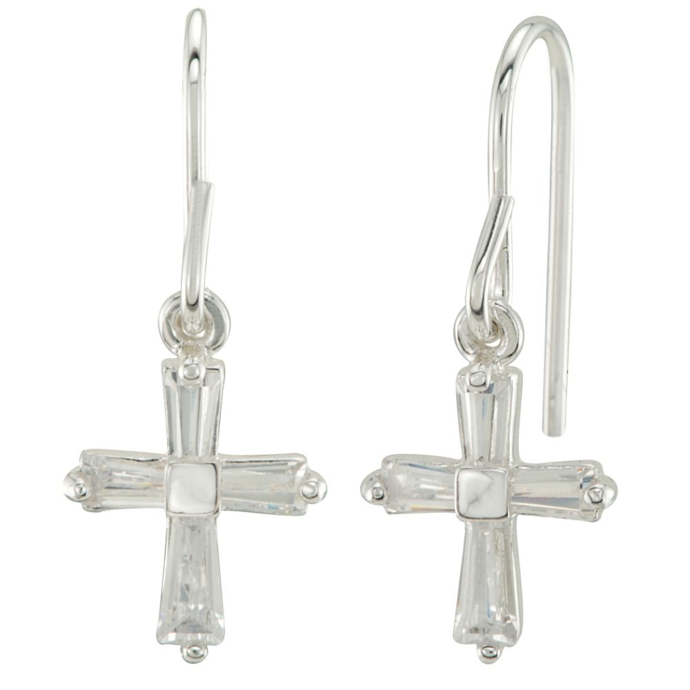 Sterling Silver Cubic Zironia Cross Drop Earrings