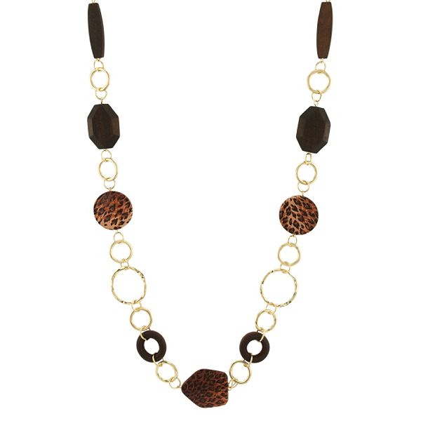 Animal Print Disk, Wood Bead And Goldtone Link Necklace 236042JS