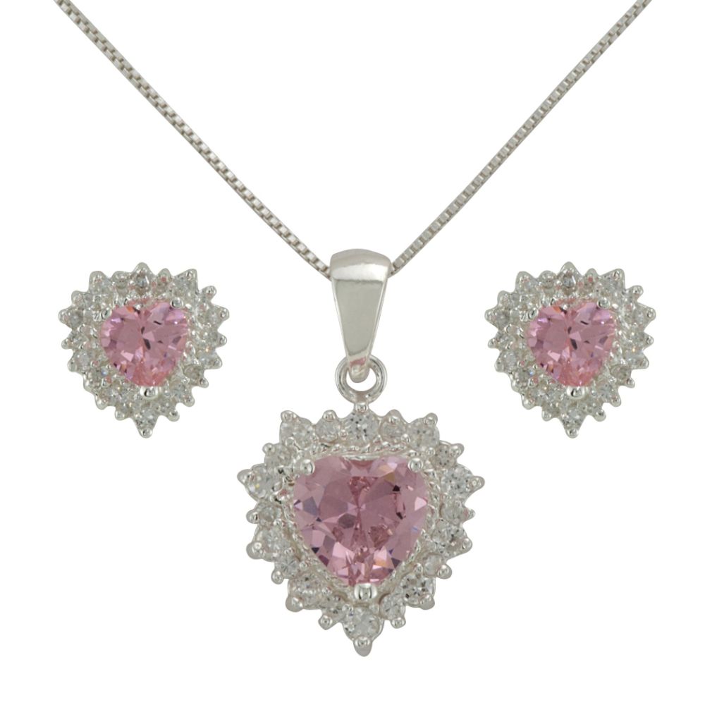 Pink and White Cubic Zirconia Heart Pendant and Earring Set in Sterling Silver at Sears.com