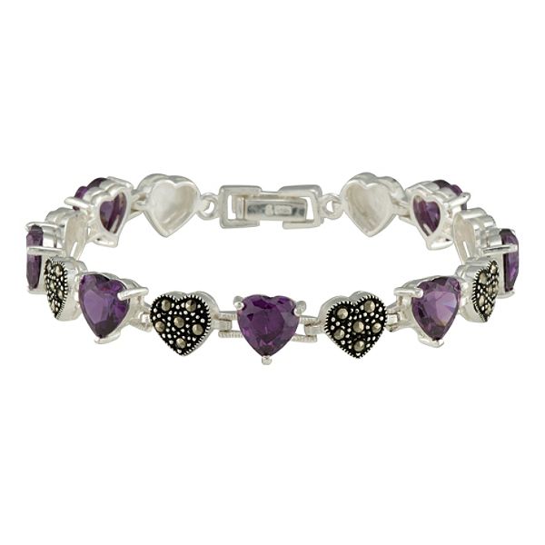 Amethyst Cubic Zirconia and Marcasite Sterling Silver Heart Bracelet