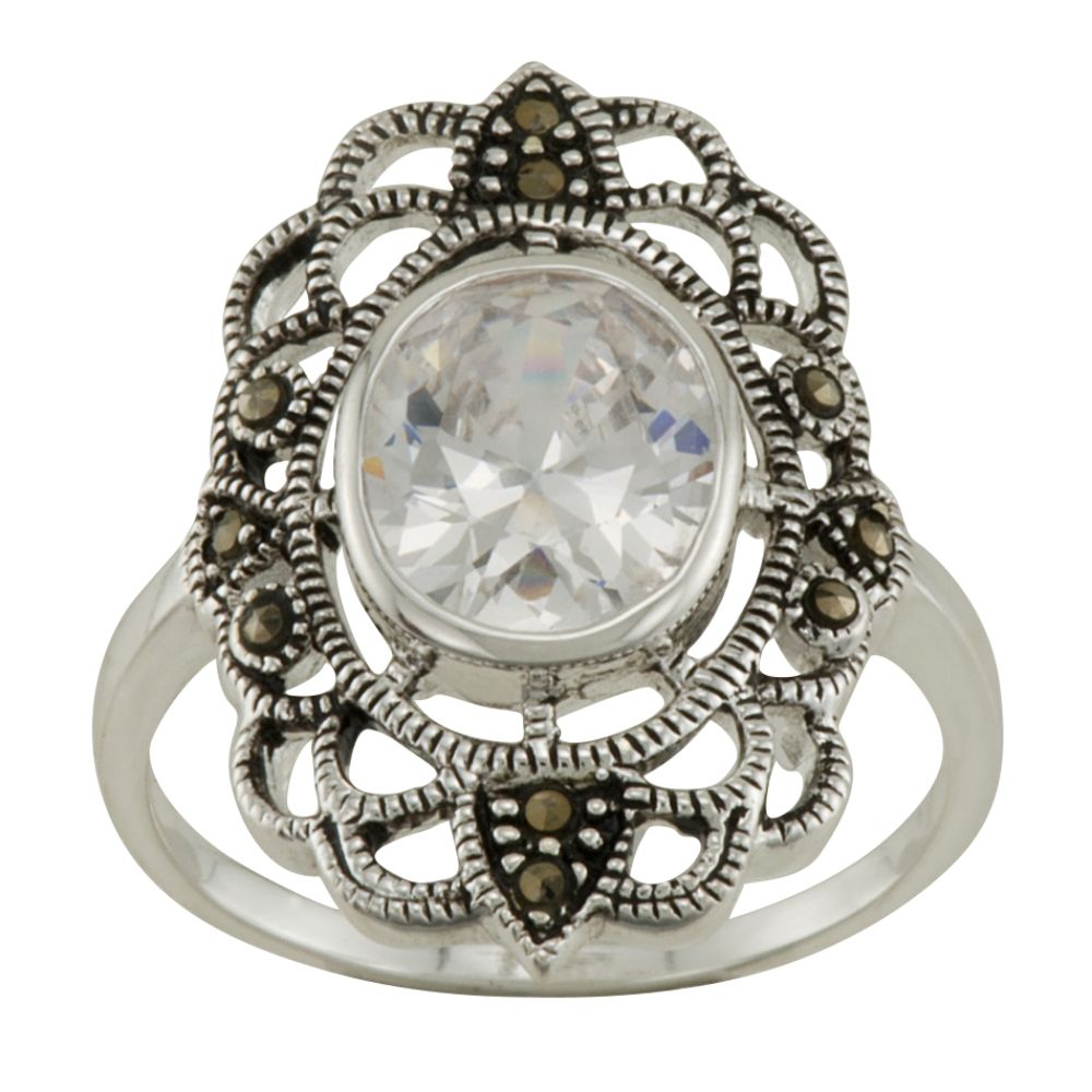 Cubic Zirconia and Marcasite Sterling Silver Ring