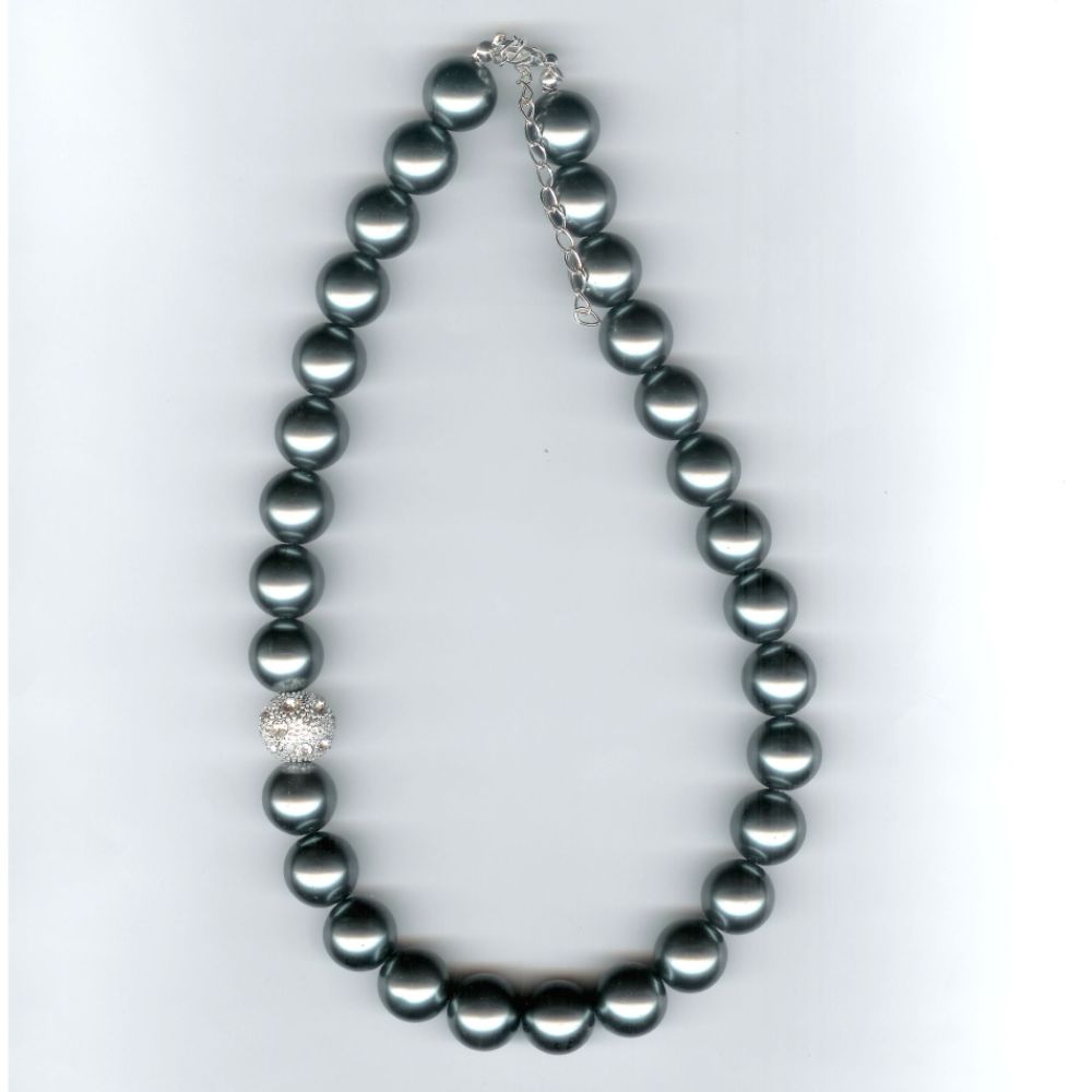 Accessories 18 Inch 12 MM Gray Simulated Pearl Necklace with Crystal Ball Bead