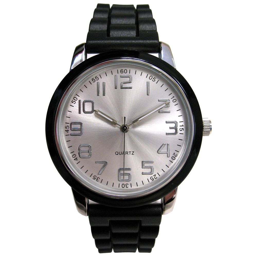 Silver Dial Watch with Black Band