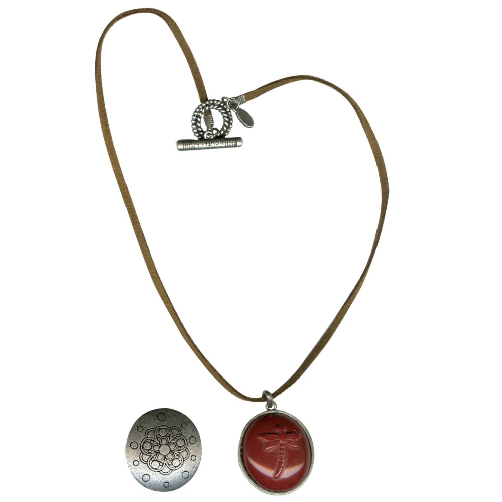 Route 66 18" Dragonfly Embossed Stone Pendant with Etched Reverse - Silvertone
