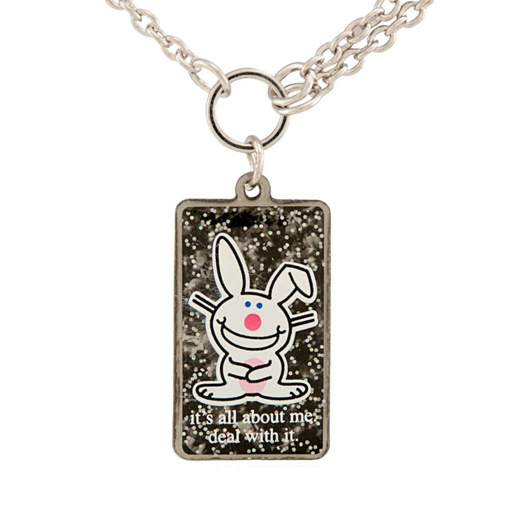 Happy Bunny Metal Jet Glitter Bunny Pendant and Chain. Silvertone