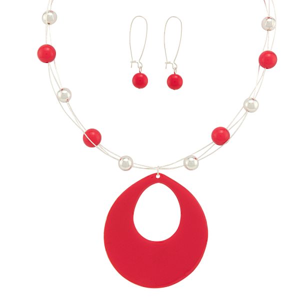 Accessories Silvertone And Red Teardrop Pendant And Earring Set 77737-SET-32